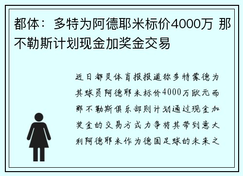都体：多特为阿德耶米标价4000万 那不勒斯计划现金加奖金交易