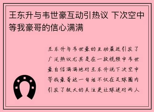 王东升与韦世豪互动引热议 下次空中等我豪哥的信心满满