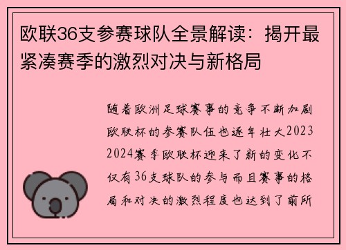 欧联36支参赛球队全景解读：揭开最紧凑赛季的激烈对决与新格局