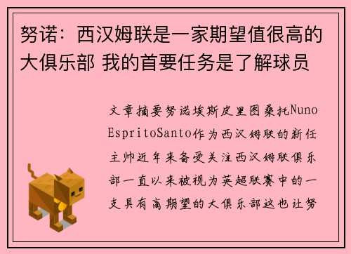 努诺：西汉姆联是一家期望值很高的大俱乐部 我的首要任务是了解球员